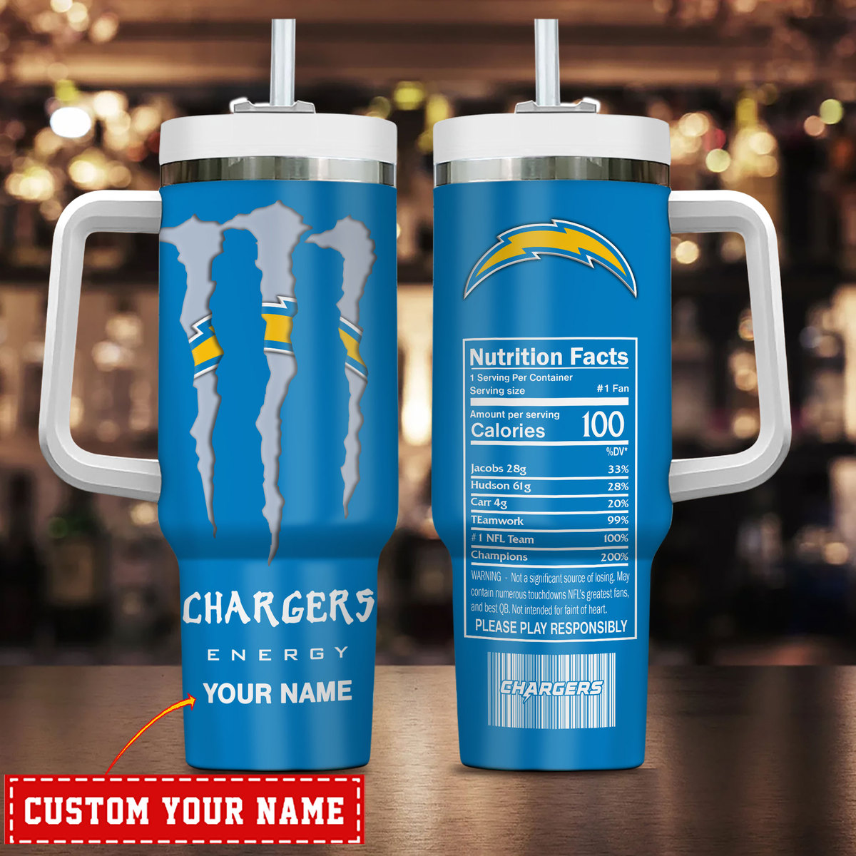 Customizable Chargers Fan Tumbler with Handle - Personalized NFL Gift