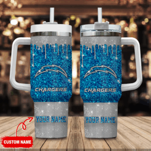 Los Angeles Chargers NFL Glitter Custom Stanley Quencher 40oz Stainless Steel Tumbler With Handle - Threewoofs