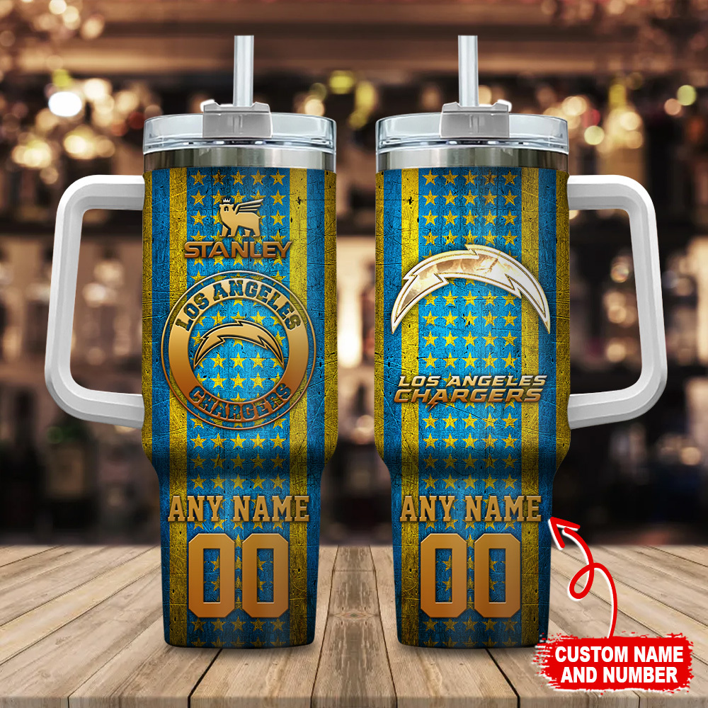 Custom Los Angeles Chargers Tumbler with Handle, Personalized Name & Number