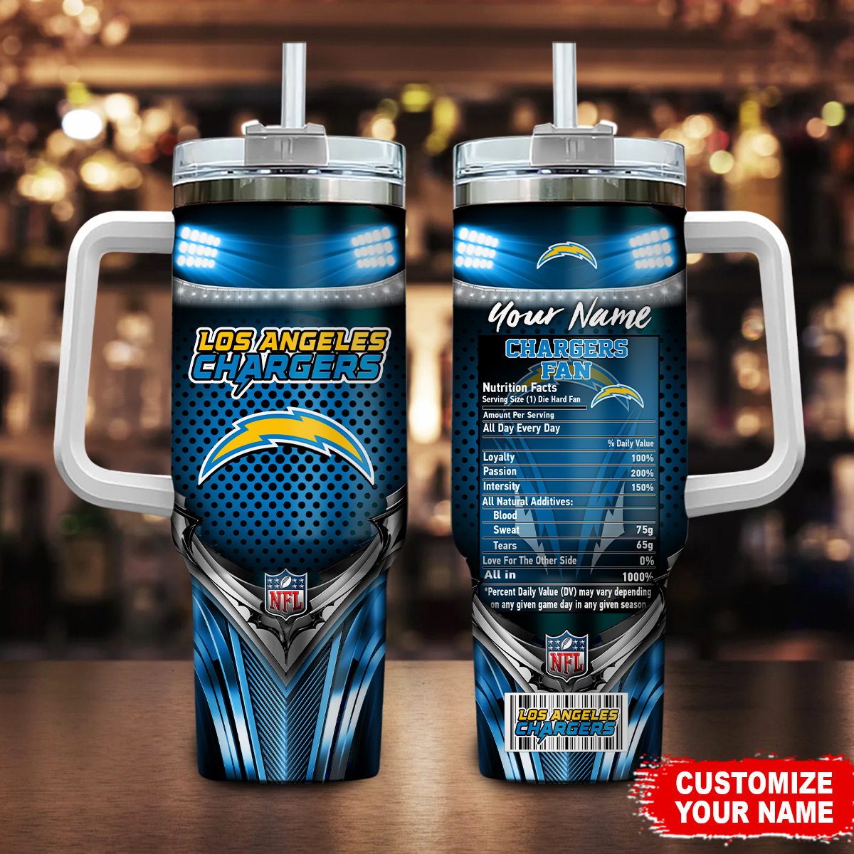 Custom LA Chargers Fan Tumbler with Straw - Personalized NFL Drinkware Gift