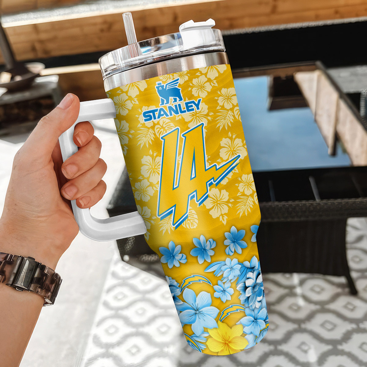 Customizable Tropical Floral Stanley Cup with Handle - Personalize Your Drinkware - Image 3