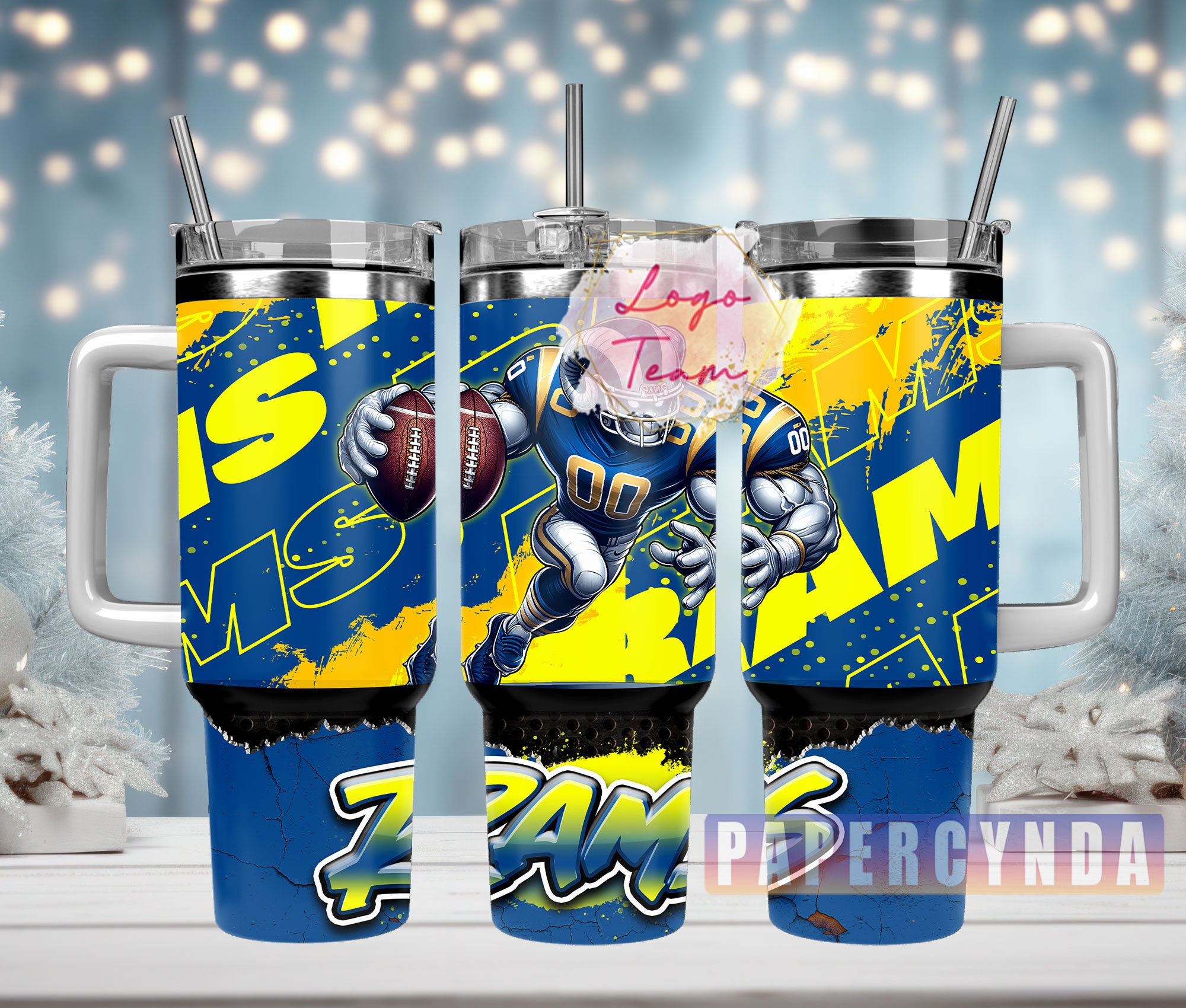 Football Fan Double-Walled Tumbler with Handle & Straw - Sports Enthusiast Gift