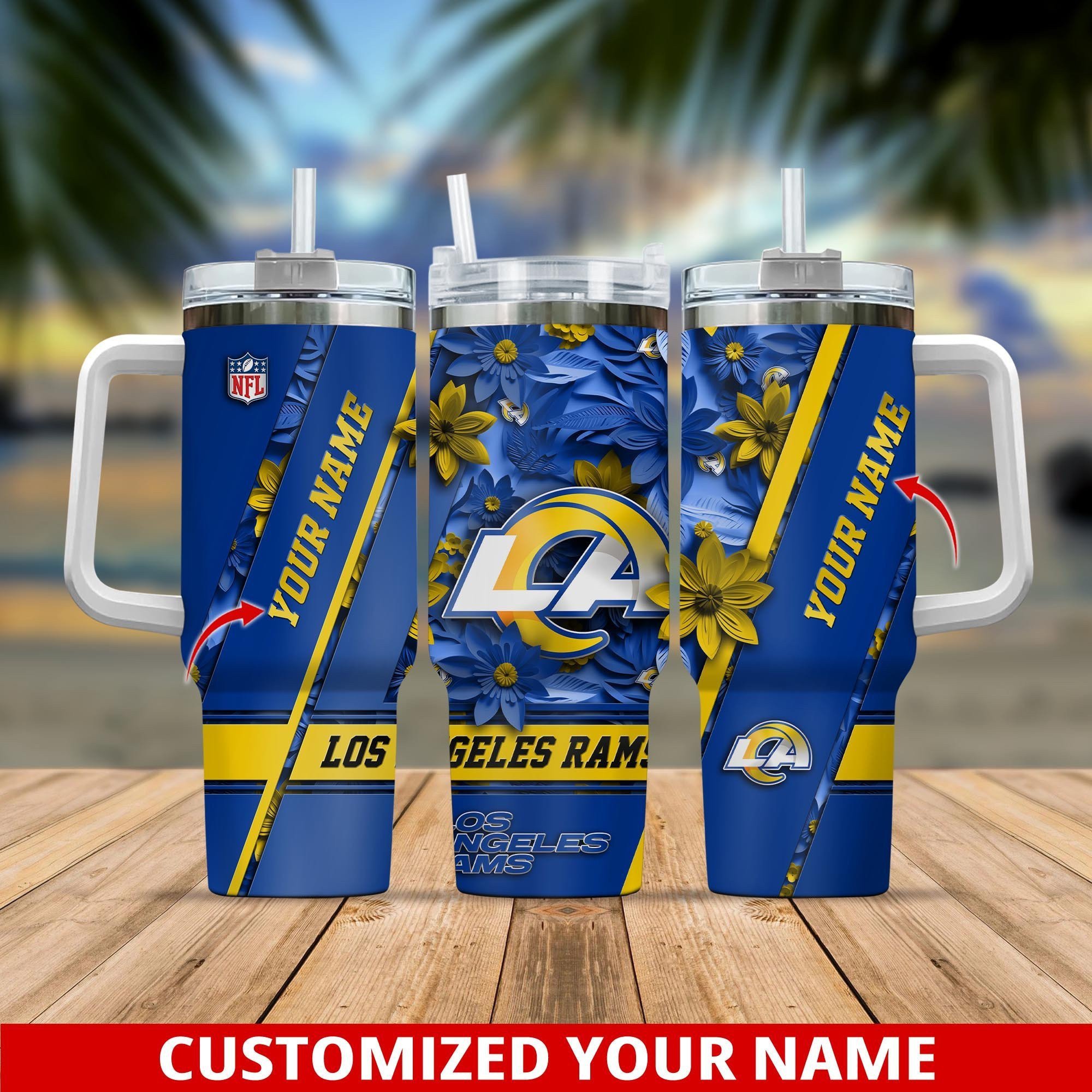 Personalized Los Angeles Rams Tumbler with Handle – Custom Name & Floral Design