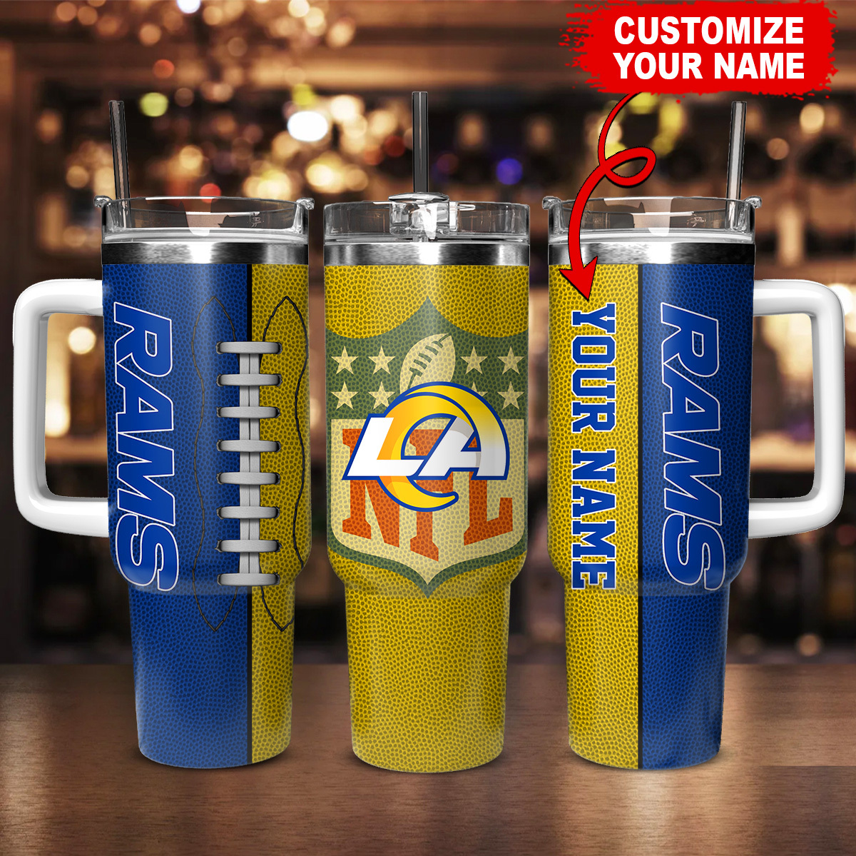 Personalized Rams Tumbler with Handle - Custom Name Football Design - Image 2