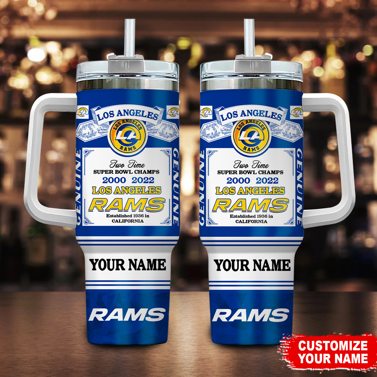 Personalized Los Angeles Rams Super Bowl Champs Tumbler with Handle