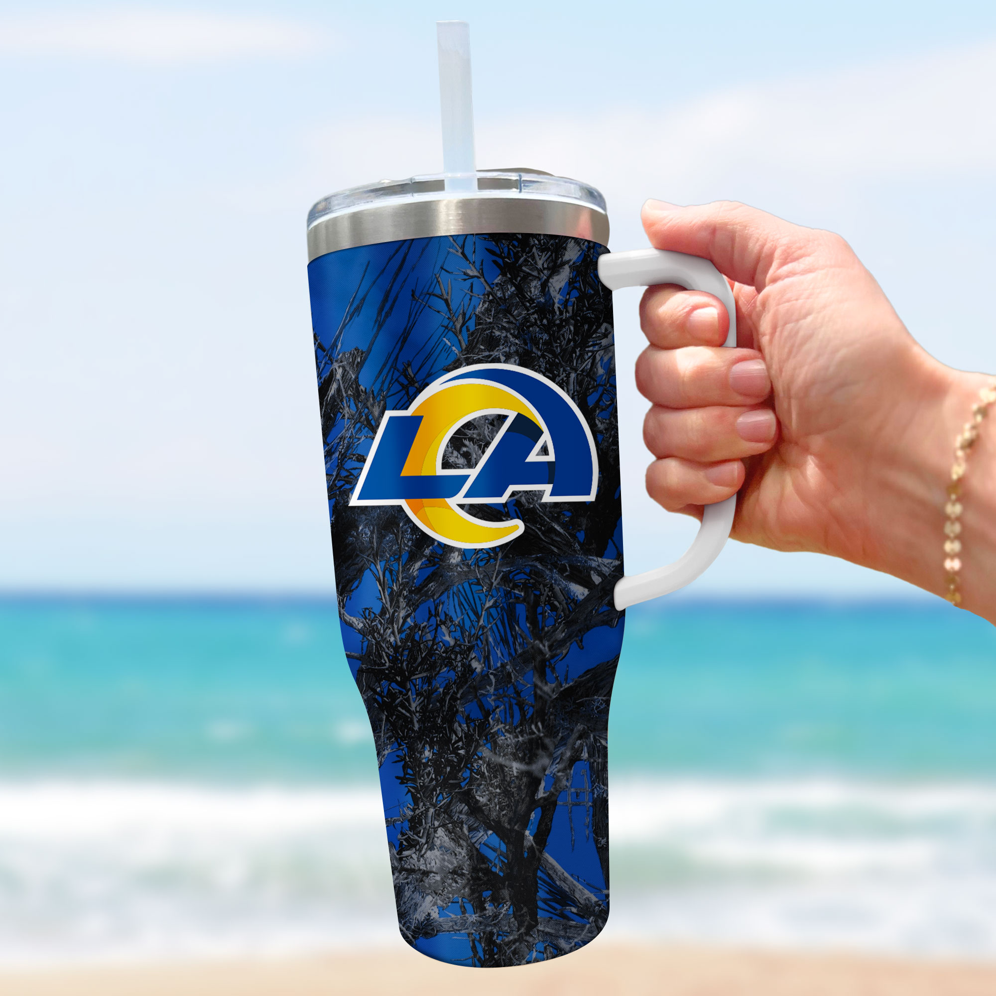 Official Los Angeles Rams Camo Travel Mug with Handle & Straw - 40oz - Image 3