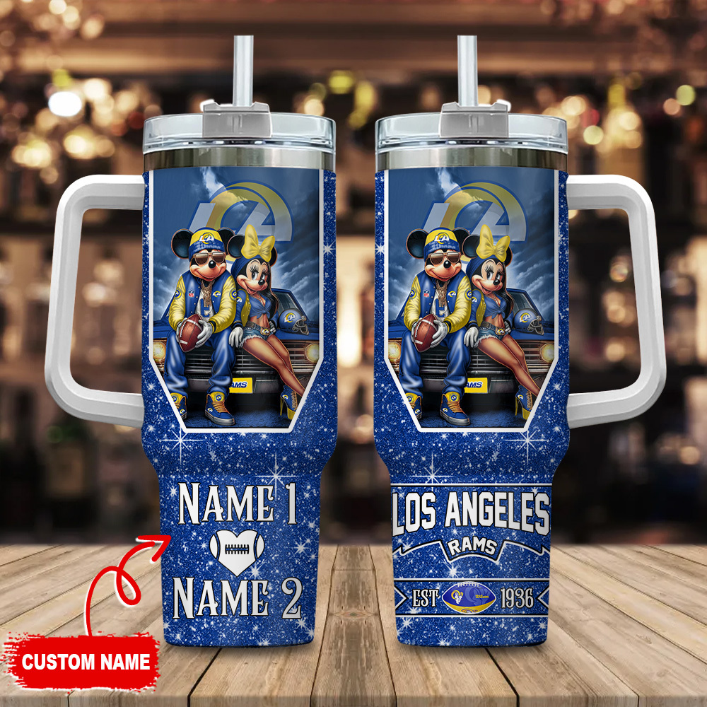 Customizable Los Angeles Rams Mickey & Minnie Double-Wall Tumbler with Handle