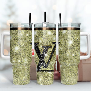 Louis Vuitton Glitter LV Logo Custom Stanley Quencher 40oz Stainless Steel Tumbler With Handle - Threewoofs