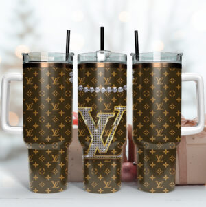 Louis Vuitton Glitter LV Logo Custom Stanley Quencher 40oz Stainless Steel Tumbler With Handle - Threewoofs