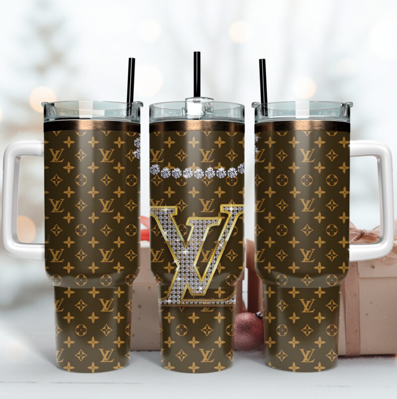 Louis Vuitton Glitter LV Logo Custom Stanley Quencher 40oz Stainless Steel Tumbler With Handle - Threewoofs