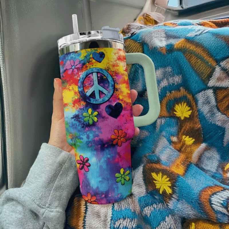 Love and peace Custom Stanley Quencher 40oz Stainless Steel Tumbler With Handle - Threewoofs - Image 2