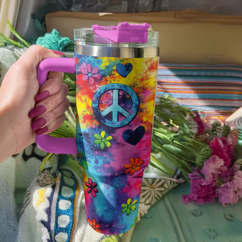 Love and peace Custom Stanley Quencher 40oz Stainless Steel Tumbler With Handle - Threewoofs - Image 3