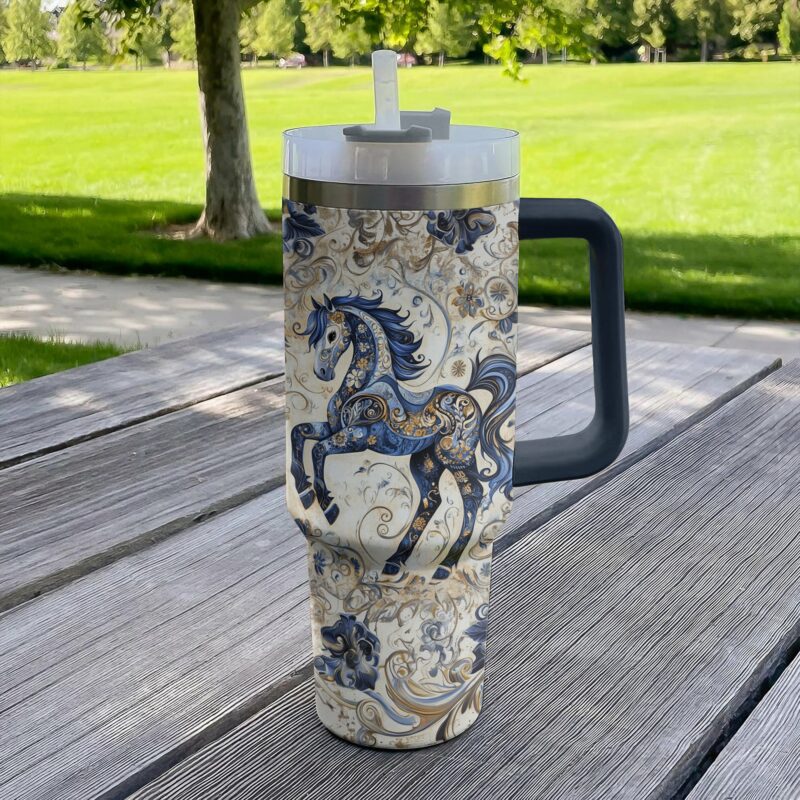 Majestic Blues Horse  Custom Stanley Quencher 40oz Stainless Steel Tumbler With Handle - Threewoofs - Image 4