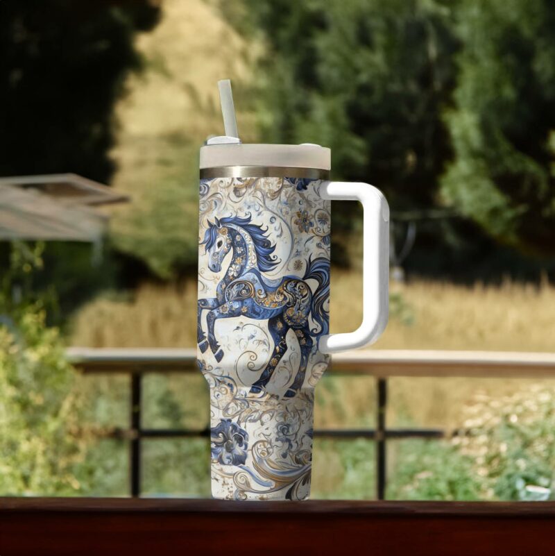 Majestic Blues Horse  Custom Stanley Quencher 40oz Stainless Steel Tumbler With Handle - Threewoofs - Image 2