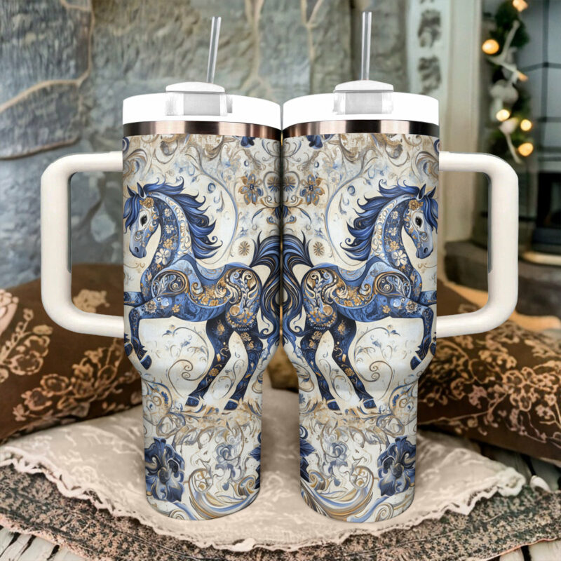 Majestic Blues Horse  Custom Stanley Quencher 40oz Stainless Steel Tumbler With Handle - Threewoofs - Image 3