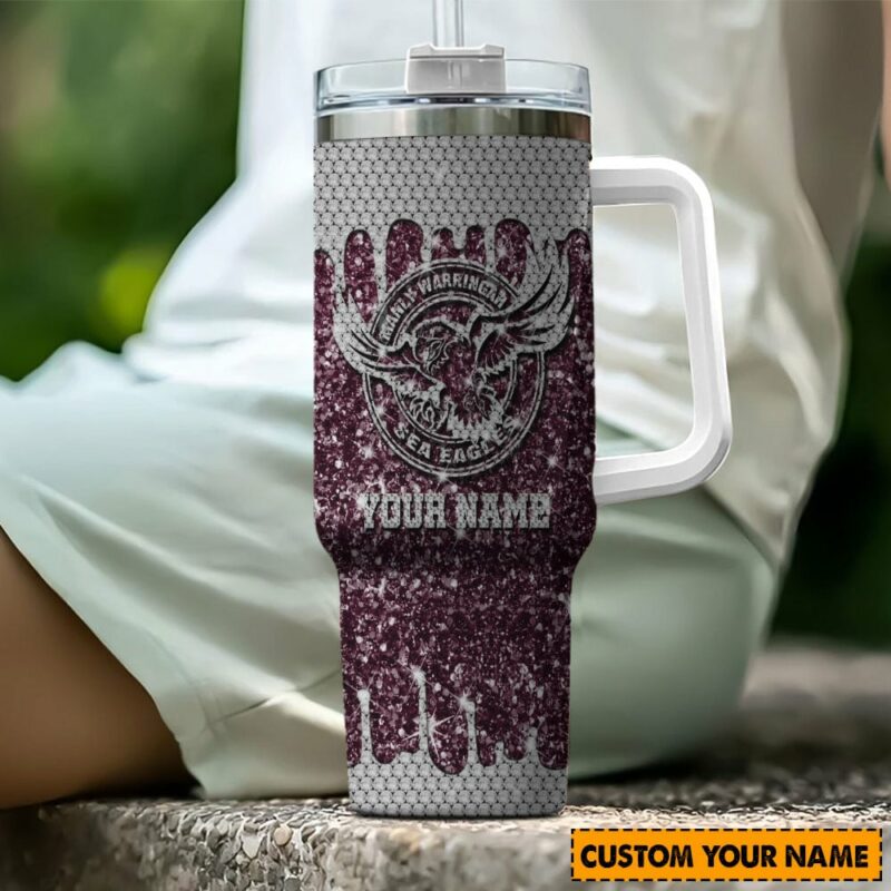 Manly Warringah Sea Eagles NRL Sports Glitter Custom Stanley Quencher 40oz Stainless Steel Tumbler With Handle - Threewoofs