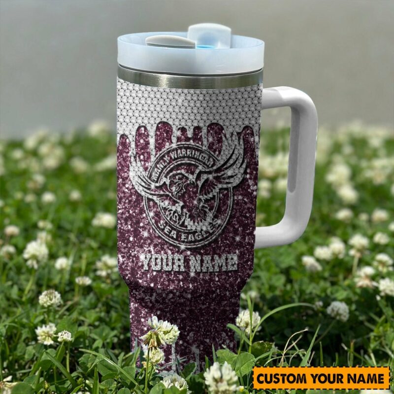 Manly Warringah Sea Eagles NRL Sports Glitter Custom Stanley Quencher 40oz Stainless Steel Tumbler With Handle - Threewoofs - Image 2