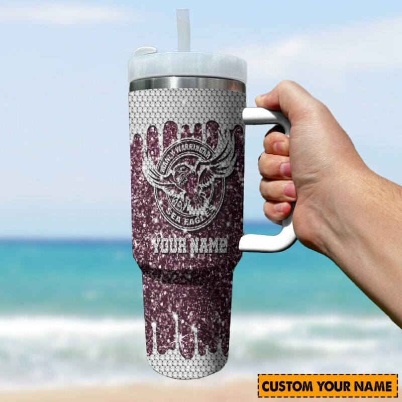 Manly Warringah Sea Eagles NRL Sports Glitter Custom Stanley Quencher 40oz Stainless Steel Tumbler With Handle - Threewoofs - Image 3