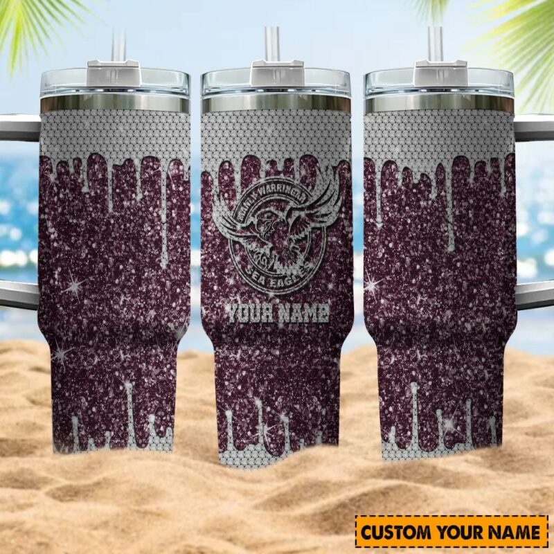 Manly Warringah Sea Eagles NRL Sports Glitter Custom Stanley Quencher 40oz Stainless Steel Tumbler With Handle - Threewoofs - Image 4