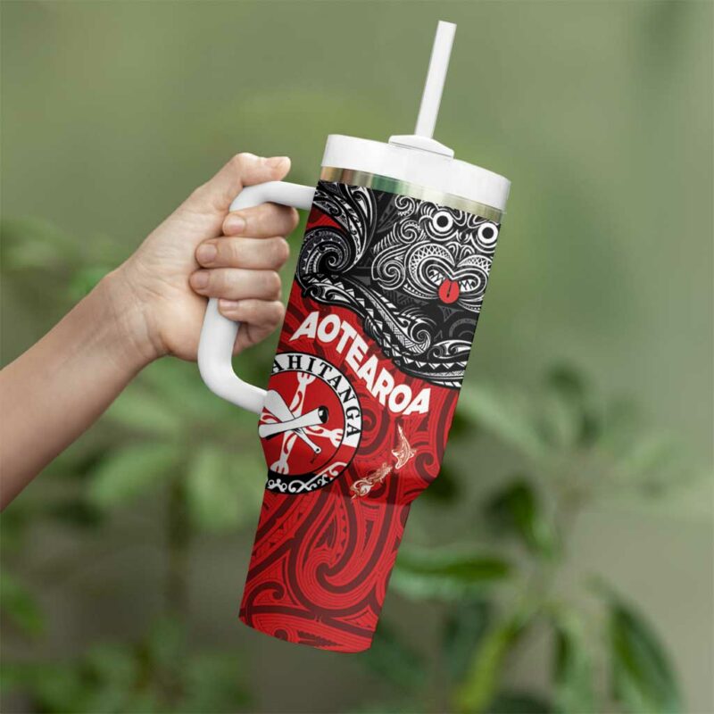 Maori Kotahitanga Aotearoa with Maori Mask and Polynesian Art Tattoo Custom Stanley Quencher 40oz Stainless Steel Tumbler With Handle - Threewoofs - Image 3