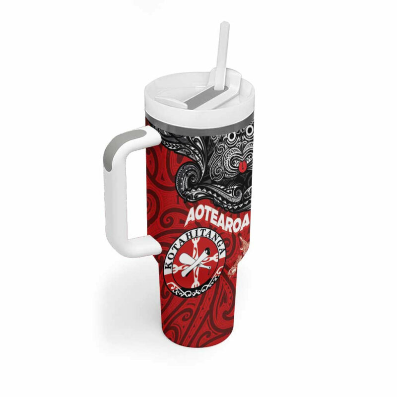 Maori Kotahitanga Aotearoa with Maori Mask and Polynesian Art Tattoo Custom Stanley Quencher 40oz Stainless Steel Tumbler With Handle - Threewoofs - Image 2