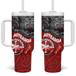 Maori Kotahitanga Aotearoa with Maori Mask and Polynesian Art Tattoo Custom Stanley Quencher 40oz Stainless Steel Tumbler With Handle - Threewoofs