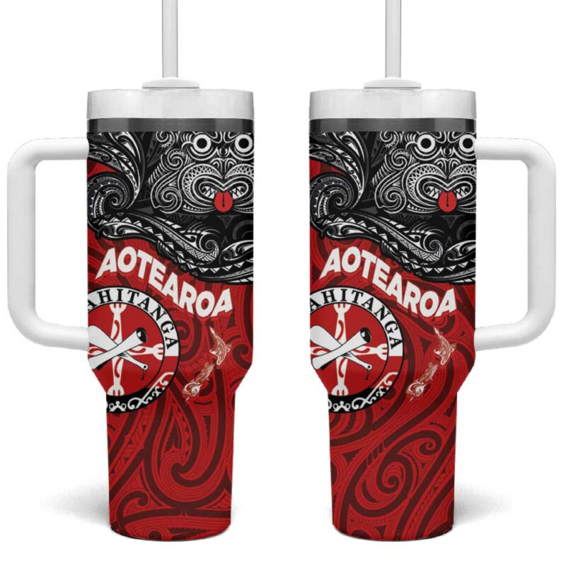 Maori Kotahitanga Aotearoa with Maori Mask and Polynesian Art Tattoo Custom Stanley Quencher 40oz Stainless Steel Tumbler With Handle - Threewoofs