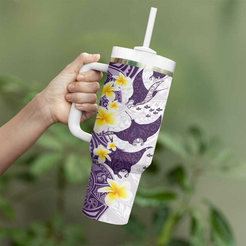 Maori Manta Ray Plumeria Deep Purple Custom Stanley Quencher 40oz Stainless Steel Tumbler With Handle - Threewoofs - Image 3