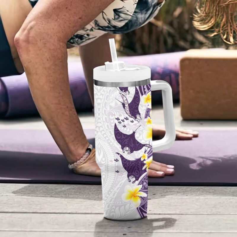 Maori Manta Ray Plumeria Deep Purple Custom Stanley Quencher 40oz Stainless Steel Tumbler With Handle - Threewoofs - Image 6