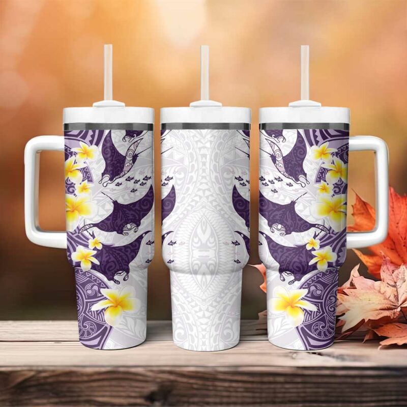 Maori Manta Ray Plumeria Deep Purple Custom Stanley Quencher 40oz Stainless Steel Tumbler With Handle - Threewoofs - Image 4