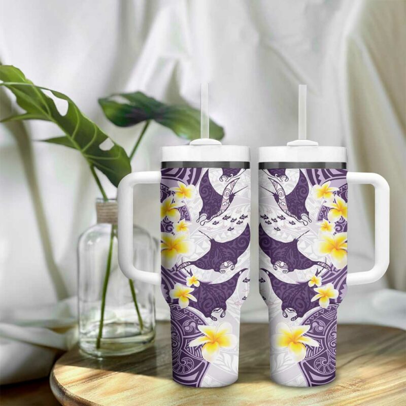 Maori Manta Ray Plumeria Deep Purple Custom Stanley Quencher 40oz Stainless Steel Tumbler With Handle - Threewoofs - Image 9