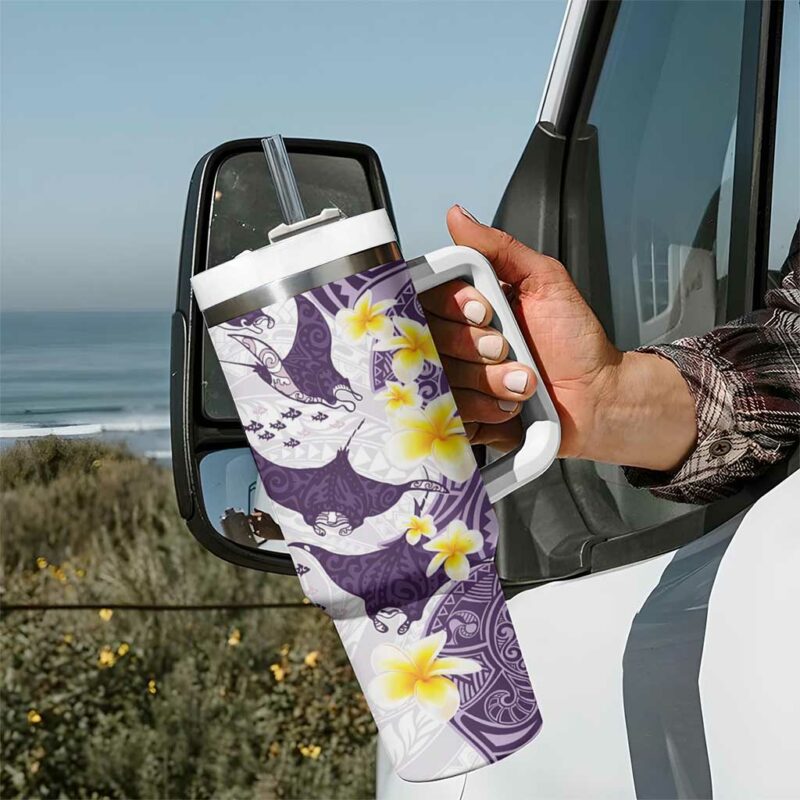 Maori Manta Ray Plumeria Deep Purple Custom Stanley Quencher 40oz Stainless Steel Tumbler With Handle - Threewoofs - Image 7