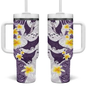 Maori Manta Ray Plumeria Deep Purple Custom Stanley Quencher 40oz Stainless Steel Tumbler With Handle - Threewoofs