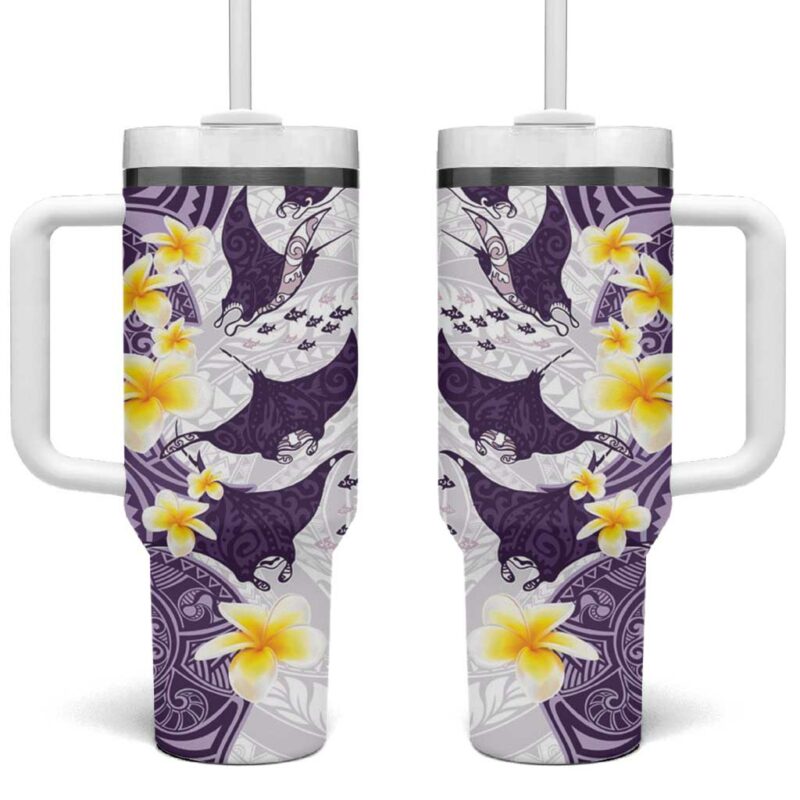 Maori Manta Ray Plumeria Deep Purple Custom Stanley Quencher 40oz Stainless Steel Tumbler With Handle - Threewoofs