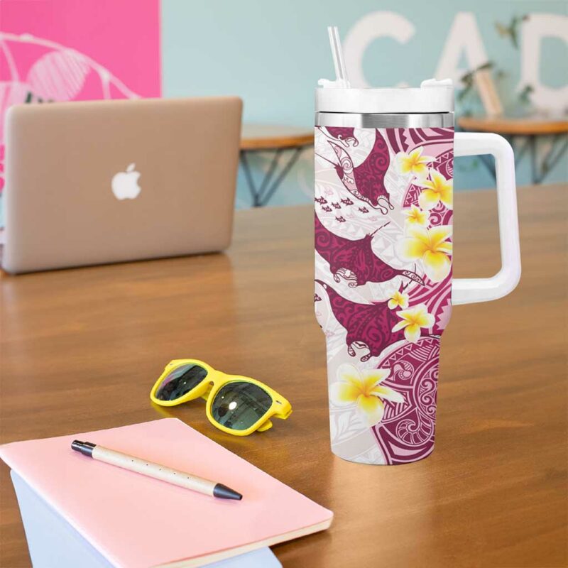 Maori Manta Ray Plumeria Royal Pink Custom Stanley Quencher 40oz Stainless Steel Tumbler With Handle - Threewoofs - Image 5