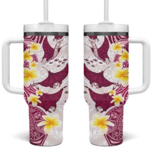 Maori Manta Ray Plumeria Royal Pink Custom Stanley Quencher 40oz Stainless Steel Tumbler With Handle - Threewoofs