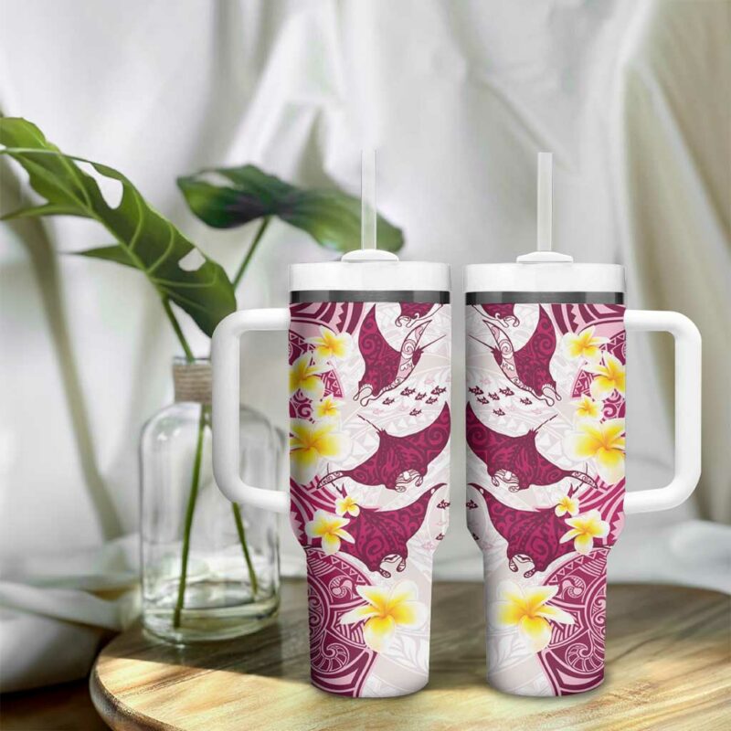 Maori Manta Ray Plumeria Royal Pink Custom Stanley Quencher 40oz Stainless Steel Tumbler With Handle - Threewoofs - Image 9