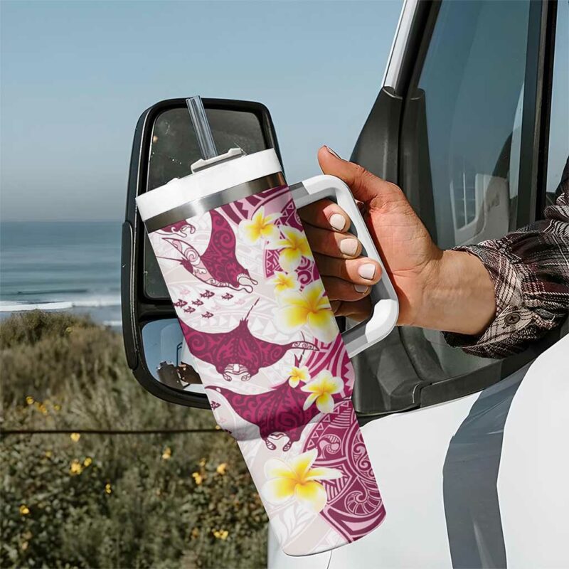Maori Manta Ray Plumeria Royal Pink Custom Stanley Quencher 40oz Stainless Steel Tumbler With Handle - Threewoofs - Image 7