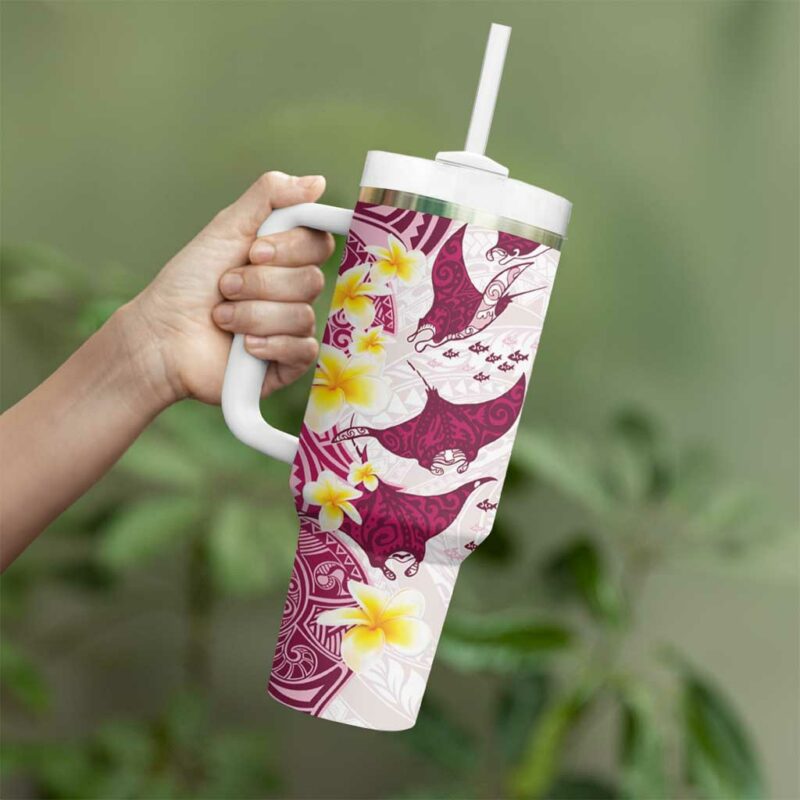 Maori Manta Ray Plumeria Royal Pink Custom Stanley Quencher 40oz Stainless Steel Tumbler With Handle - Threewoofs - Image 3