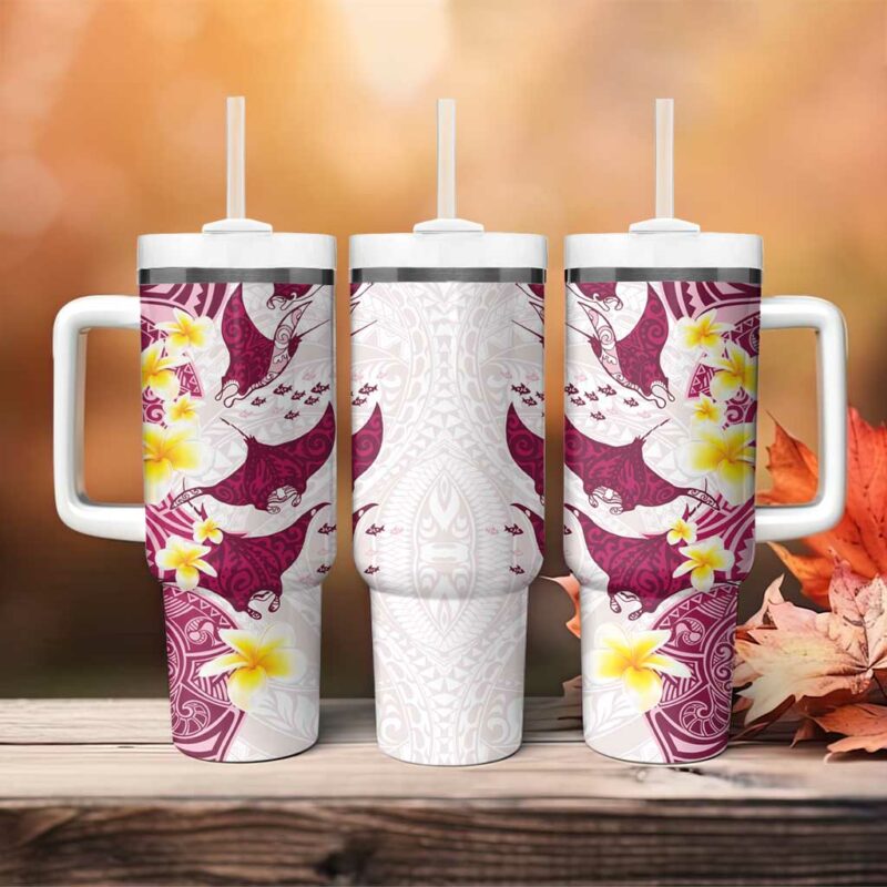 Maori Manta Ray Plumeria Royal Pink Custom Stanley Quencher 40oz Stainless Steel Tumbler With Handle - Threewoofs - Image 4