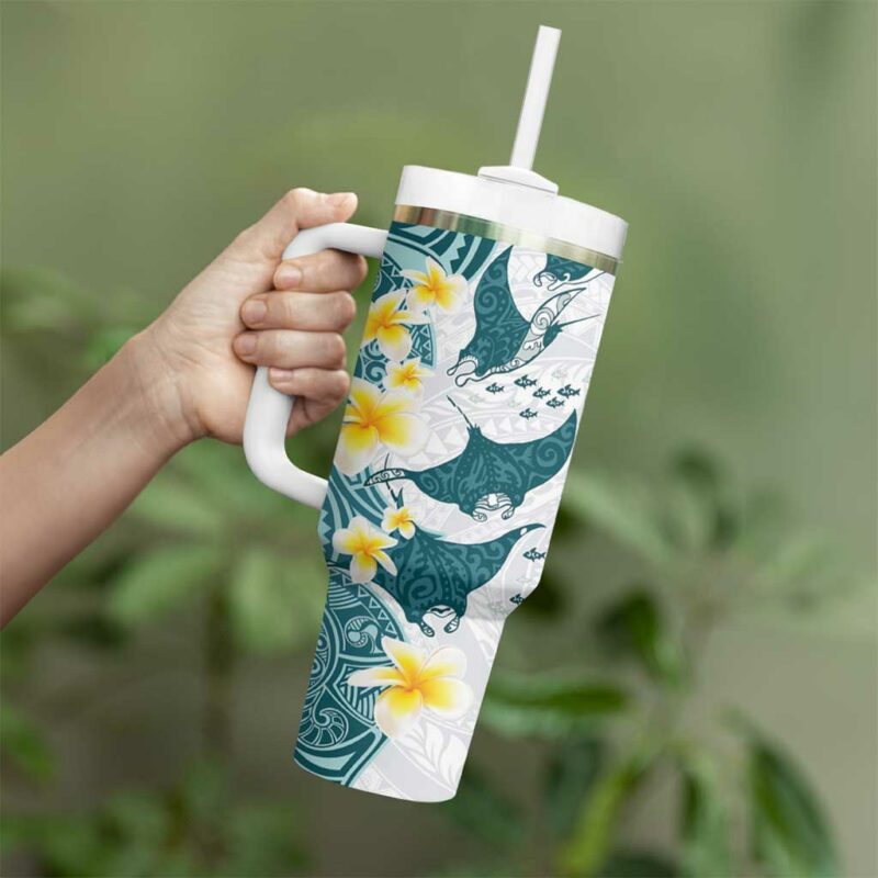 Maori Manta Ray Plumeria Teal Custom Stanley Quencher 40oz Stainless Steel Tumbler With Handle - Threewoofs - Image 3