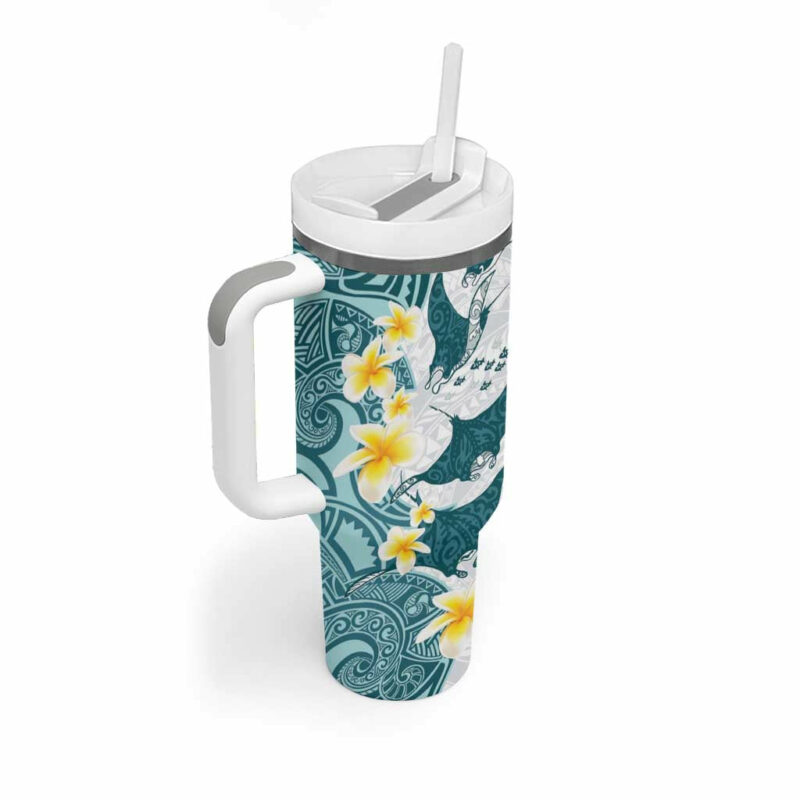 Maori Manta Ray Plumeria Teal Custom Stanley Quencher 40oz Stainless Steel Tumbler With Handle - Threewoofs - Image 2