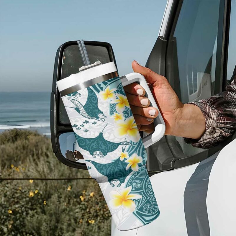 Maori Manta Ray Plumeria Teal Custom Stanley Quencher 40oz Stainless Steel Tumbler With Handle - Threewoofs - Image 7