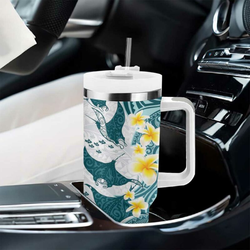Maori Manta Ray Plumeria Teal Custom Stanley Quencher 40oz Stainless Steel Tumbler With Handle - Threewoofs - Image 8