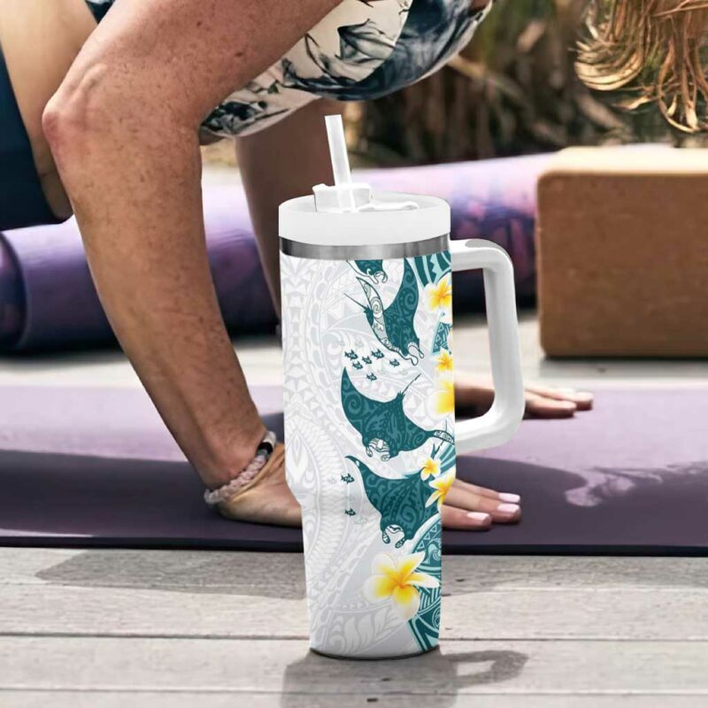 Maori Manta Ray Plumeria Teal Custom Stanley Quencher 40oz Stainless Steel Tumbler With Handle - Threewoofs - Image 6