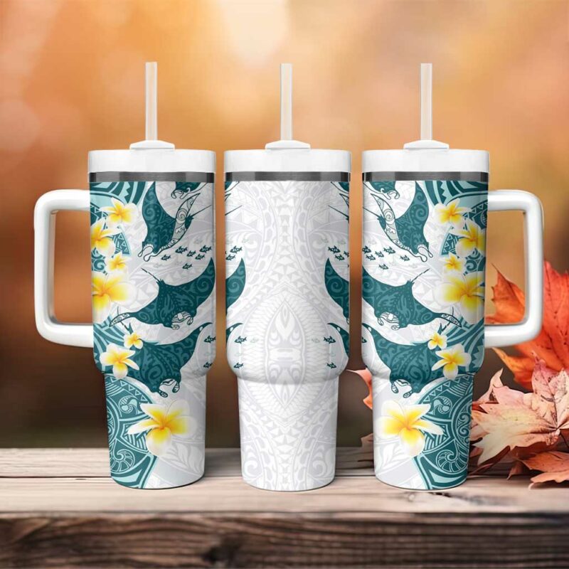 Maori Manta Ray Plumeria Teal Custom Stanley Quencher 40oz Stainless Steel Tumbler With Handle - Threewoofs - Image 4