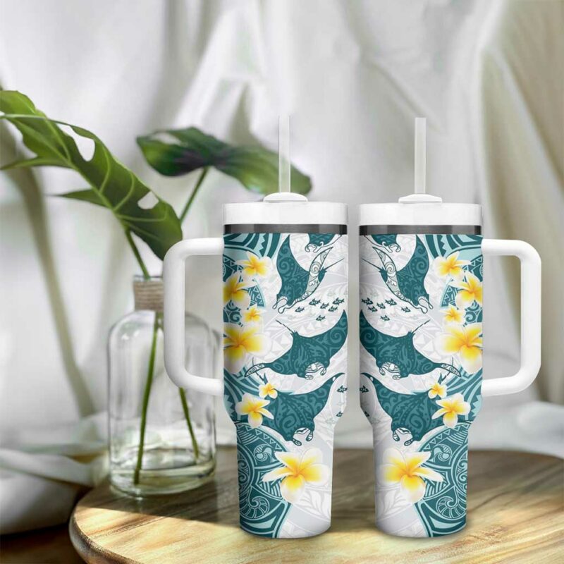 Maori Manta Ray Plumeria Teal Custom Stanley Quencher 40oz Stainless Steel Tumbler With Handle - Threewoofs - Image 9