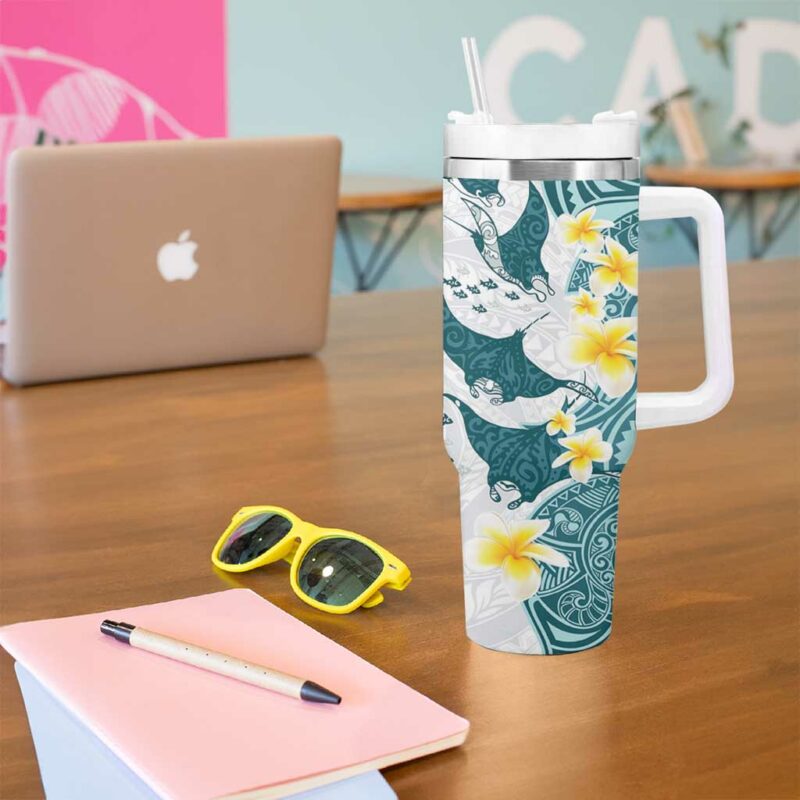 Maori Manta Ray Plumeria Teal Custom Stanley Quencher 40oz Stainless Steel Tumbler With Handle - Threewoofs - Image 5