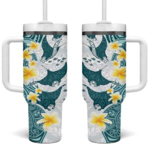 Maori Manta Ray Plumeria Teal Custom Stanley Quencher 40oz Stainless Steel Tumbler With Handle - Threewoofs