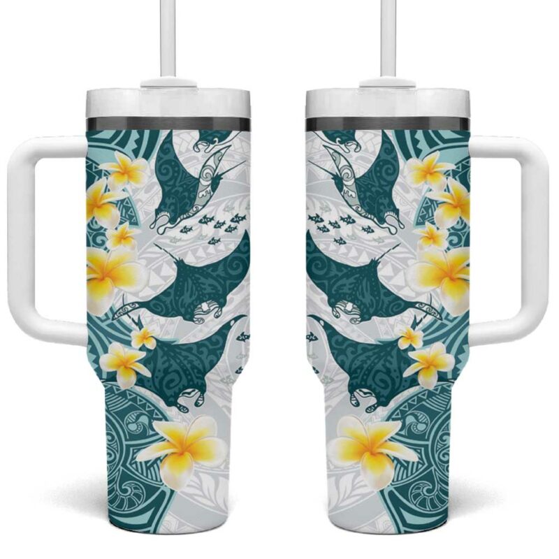 Maori Manta Ray Plumeria Teal Custom Stanley Quencher 40oz Stainless Steel Tumbler With Handle - Threewoofs